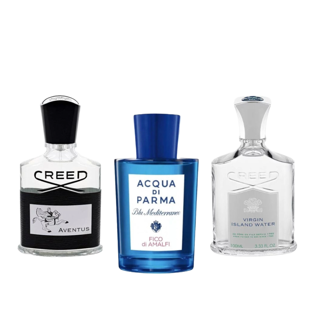 Sommer-End Set für Männer - Parfümprobe • Duftprobe mit Creed Aventus, Acqua di Parma Blu Mediterraneo Fico di Amalfi und Creed Virgin Island Water • Frische und sinnliche Sommerdüfte mit Noten von Bergamotte, Feige, Kokosnuss und Moschus • Perfekte Düfte für warme Tage und Nächte • Jetzt bestellen.